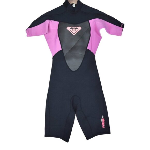 Roxy Girl Black Hot Pink Wetsuit Synchro Shorty Womens Size 8/36 2/2mm EUC - Picture 1 of 8